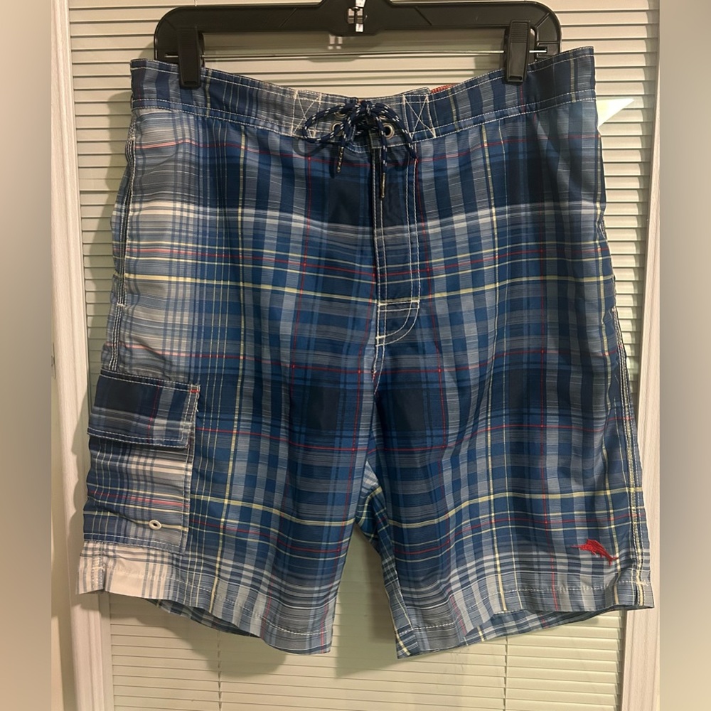 Tommy Bahama Swim Shorts Men's Medium Board Shorts Lined Red White Blue Plaid
